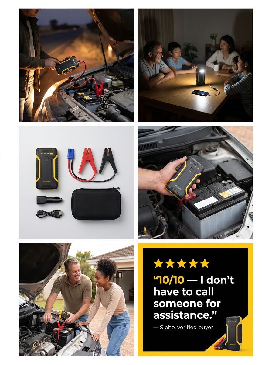 Jump starter in real-world South African scenarios — roadside jump, family power outage, and 10/10 customer quote from Sipho