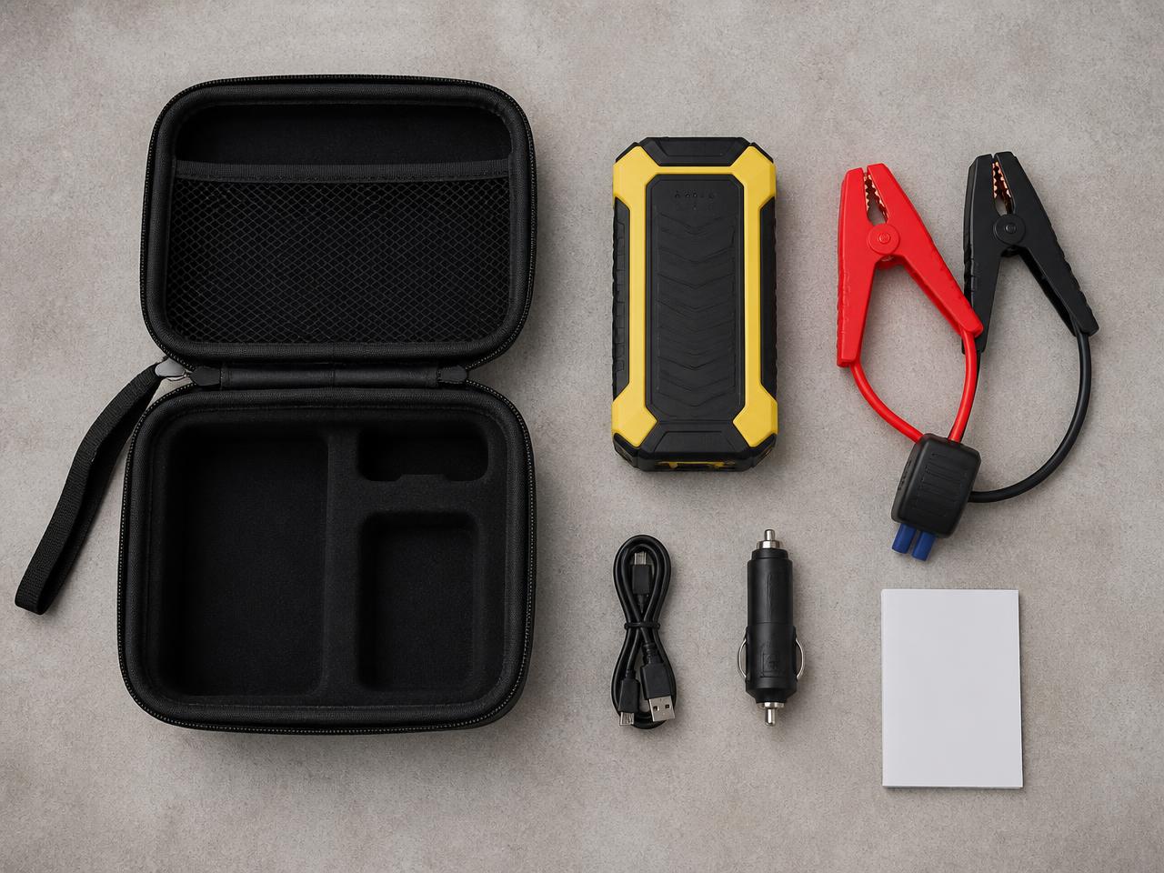 Top-down flat lay of the full kit: case, unit, clamps, USB cable, 12V adapter and manual